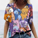 Naiste T-s&auml;rk Cartoon Cat Print Suvine l&uuml;hikeste varrukatega V-kaelusega Kawaii mood vabaaja T-s&auml;rgid kassipoeg Naljakas naiselikkus Riietus S