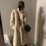 Naiste soe talvine s&uuml;gis kunstkarusnahast pikk mantel pikkade varrukatega elegantne rev&auml;&auml;riga kraega pikk talvemantel Stiilsed v&auml;lismantlid L aprikoosi