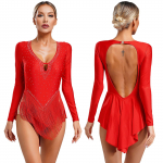 Naiste Rhinestones Tutt Ballet Trikood Ladina Tango Salsa Jazz Tantsur&otilde;ivad Professionaalsed tantsukost&uuml;&uuml;mid Deep V seljata Bodysuit S punane