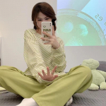 2 tk/komplekt Naiste pidžaamad Koduriietus S&uuml;gis ja Talv Pikkade varrukatega Pikad p&uuml;ksid Joonisfilm Armas &Uuml;mmarguse kaelusega Komplekt Tudeng M37.5-47.5kg roheline