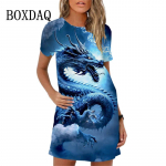 Suvine armas koomiksiprindiga kleit &uuml;lem&otilde;&otilde;duliste l&uuml;hikeste varrukatega O-kaelusega vaba minikleit High Street vabaaja 3D draakonimustriga naiste kleidid 3XL