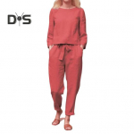 2 tk/komplekt Naiste &uuml;laosa p&uuml;kste komplekt &Uuml;mara kaelusega pikkade varrukatega pluus Vintage elastse v&ouml;&ouml;kohaga p&uuml;ksid igap&auml;evaseks vaba aja vabaks komplektiks S beež