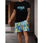 2-osaline Vintage Printed Meeste l&uuml;hikeste varrukatega l&uuml;hikeste p&uuml;kste komplekt Suvine vabaaja igap&auml;evane meeste T-s&auml;rk Outdoor Sport Meeste rannap&uuml;ksid S