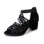 Naiste Boho Hollow Out Block kontsad, Peep Toe Back t&otilde;mblukuga madala kontsaga sandaalid, moodsad kleidikontsad 35 must