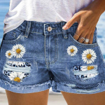Suvised Naiste Rebitud Prinditud Applique Denim L&uuml;hikesed P&uuml;ksid Moodsad Rullitud Teksad L sinine