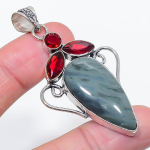 Natural Silver Sheen Obsidian, Garnet 925 Sterling Silver Pendant 2.56 n8f73