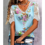 DAFIFY Naistemood vabaaja suve kevadlillemustriga l&uuml;hikeste varrukatega V-kaelusega pluusid ja s&auml;rgid S