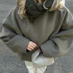 Naiste vabaaja kapuutsiga pingutusn&ouml;&ouml;riga pikkade varrukatega jakk S&uuml;gistalvine t&otilde;mblukuga paneelidega mantel L&uuml;hike lahtine High Street Outwear XL valge