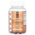 Vitamatic, vegantooted, D3-vitamiini kummikommid, maasikamaitselised, 125 mcg (5000 R&Uuml;), 60 kummikommi