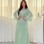 Pol&uuml;esterist moslemi abaya naistele, suvine, elegantne, oranž, sinine, roosa, roheline, moslemi naiste pikkade varrukatega, V-kaelusega, pol&uuml;esterist pikk abaya M roheline