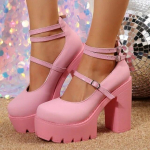 Roosad paksude kontsadega pahkluu rihma pumbad Sweet Platform Square Heel Naiste k&otilde;rged kontsad Pumbad Platvorm Kingad Kevadised naiste kingad 38 roosa