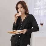 J&auml;&auml;siidist s&uuml;gisene naiste pidžaamakomplekt pikkade varrukatega retro tuulepitsiga seksikas pidžaama M must