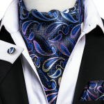 Hi-Tie Mens Business Cravat Ascot sallid Sinine Paisley lipsu komplekt meestele taskur&auml;ti mansetin&ouml;&ouml;pide komplekt AS-1035 sinine