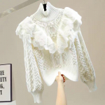 Turtlene kaelusega lihtne massiivne lilleline kampsun Elegantne 2021. aasta talvine paks kampsun, naiste topsid One Size valge