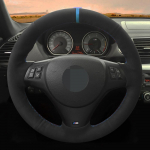 Isetehtud k&auml;sitsi &otilde;mmeldud mustast seemisnahast auto roolikate BMW M Sport M3 E90 E91 E92 E93 E87 E81 E82 E88 X1 jaoks Blue Thread