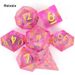 7 tk roosa kuldne number, voolav liiv, terava servaga t&auml;ringud, mitmetahulised t&auml;ringud, mis sobivad RPG lauam&auml;nguks roosa