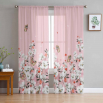 Roosa lillega taim liblikas t&uuml;ll l&auml;bipaistvad kardinad elutuppa Magamistoa k&ouml;&ouml;k akende jaoks Voile kardinad kodukaunistus 135W x 114H(cm)