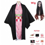 Anime Demon Slayers Kimetsu no Yaiba Kamado Nezuko Cosplay Kost&uuml;&uuml;m Kimono &Uuml;htne &Uuml;likond Halloweeni Peo Riided L-(Full set+wig)