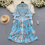 2024. aasta kevad, uus prantsuse varrukas, rinnaga v&ouml;&ouml;koht, kallistav salendav temperament, pikk printimine pidulik kleit, &scaron;ifoonist kleit S sinine