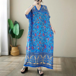 L&uuml;hikeste varrukatega Suures suuruses puuvillane satiin vintage lilleline uus kleit naistele vaba vaba pikk suvekleit sinine