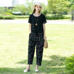 Moodne puuvillane voodipesu, 2-osaline komplekt, naiste suvine vabaaja l&uuml;hikeste varrukatega T-s&auml;rk, harlani k&auml;rbitud p&uuml;kste &uuml;likond 5XL must