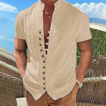 Suvised meeste puuvillased linased topid valged mustad vintage n&ouml;&ouml;biga p&uuml;sti kaelusega l&uuml;hikeste varrukatega meeste s&auml;rk M