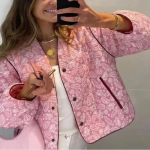 Prantsuse &scaron;ikk vintage puuvillane polsterdatud mantel naistele s&uuml;gis retro Y2k roosa tr&uuml;kiga lapitehnika riided armas stiil V-kaelusega pikkade varrukatega jakk S roosa