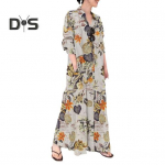 Naiste kleit avar v&auml;rviline lilleprinter Pahkluu pikkusega pikkade varrukatega taskud Line rev&auml;&auml;r &Uuml;he rinnaga pehme hingav s&uuml;giskevadine maxi kleit M roosa punane v&auml;rv