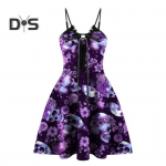 Naiste Halloween Sling Kleit seljataga ees, pitsist &otilde;mmeldud l&otilde;tv &auml;&auml;ris Naljakas pealuu ja lilledega tr&uuml;kitud minikleit XL roosa