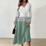 Naiste s&uuml;gis- ja talvine vabaajamoodne V-kaelusega pikkade varrukatega pikk kleit L