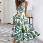 Naiste pikk kleit Maxi kleit vabaaja kleit Suvine vabaaja varrukateta V-kaelusega Boho v&ouml;&ouml;koha tagasit&otilde;mbega kleit tr&uuml;kiga L beež