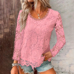 Naiste moodne soliidne pitstop ruudukujulise kaeluse ja pitsiliste pikkade varrukatega XXXL