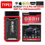 ELM327 V1.5 OBD2 Skanner WiFi BT PIC18F25K80 Kiip OBDII Diagnostikavahendid iPhone'ile Androidile PC-le ELM 327 Auto Koodilugeja V1.5 PIC18F25K80