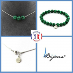 Pierres et Min&eacute;raux. Parure bijoux Bracelet Collier 3 perles Malachite 8 mm. Chaine en Taille personnalisable.