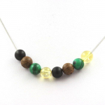 Pierres et Min&eacute;raux. Collier perles Citrine + Malachite + Onyx noir mat + bois 8 mm. Chaine Collier femmes, hommes. Taille personna