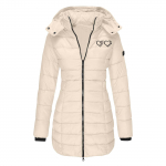 Euroopa suuruses naiste keskmise pikkusega kapuutsiga talvine puuvillane mantel - kitsa l&otilde;ikega, &uuml;hev&auml;rviline, tr&uuml;kitud detailidega XXL khaki