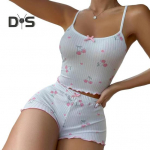 2 tk/komplekt Naiste Vest L&uuml;hikesed p&uuml;ksid &Uuml;likond Bow Cherry Print U Kaelusega varrukateta &uuml;laosa k&otilde;rge v&ouml;&ouml;kohaga l&uuml;hikesed p&uuml;ksid Kodur&otilde;ivad Salongir&otilde;ivad Outfit Suvised magamisriided S tumesinine v&auml;rv