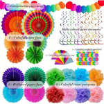 33 tk Fiesta peo kaunistused V&auml;rvilised Mehhiko teemalised rippuvad paberf&auml;nnid Vikerkaarev&auml;rvilised paberpompoonid Fiesta lipukett ja paberist ribad 33pcs