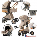 BAZARLAND30.Poussette 3 en 1 B&eacute;b&eacute; Combin&eacute;e Si&egrave;ge-Auto Nacelle Trio R&eacute;versible R&eacute;glable Haute Qualit&eacute; Roues increvables Canne khaki.
