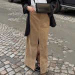 2026 S&uuml;gis Talv Naiste Vintage Suede K&otilde;rge V&ouml;&ouml;koht L&otilde;hikuga Sirge Midi Seelik, Vabaaja T&ouml;&ouml;le Minek &Uuml;hev&auml;rviline Khaki Elegantne Kontori Seelik M pruun