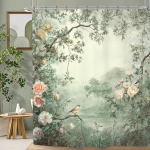Roheline lille- ja linnumustriga veekindel du&scaron;ikardin 180x200cm - Loodusmaastiku prindiga vannikardin elutoa kaunistuseks 150x200cm59x79in white