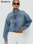 Vintage Ameerika Retro Seisukrae Teksist Jakk L&otilde;tv Pesu Naiste Pikkade Varrukatega Mantel S sinine