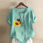 Naiste suvine &uuml;mara kaelusega l&uuml;hikeste varrukatega T-s&auml;rk vabaaja puuvillane linane graafiline s&auml;rk vaba aja mood, lahtised p&auml;evalillega liblikaga tr&uuml;kitud pluusid XS sinine