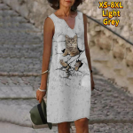 Naiste V kaelaga suvine armas kassipoeg, langetatud pea ja k&uuml;&uuml;nistega prinditud kleit vabaaja varrukateta mood vabaaja vabad seksikad kleidid, suur suurus XS-8XL XS