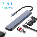 7-&uuml;hes C-t&uuml;&uuml;pi jaoturi dokkimisjaam USB C kuni 4K 30 Hz HDMI-&uuml;hilduv adapter USB 3.0 jaoturi muundur SD TF kaardilugeja s&uuml;learvuti tarvikute jaoks