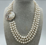 Genuine 3 Rows 7-8MM Freshwater pearl Necklace Cameo Clasp