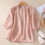 Naiste suvine kirjanduslik avar puuvillane linane pluus Tikitud lillen&ouml;&ouml;pidega V-kaelusega poolvarrukatega s&auml;rk XL roosa