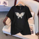 Butterfly Print l&uuml;hikeste varrukatega naistele Solid Basic Crew Kaelusega lahtine T-s&auml;rk suvine vabaaja mood hingav kerge t&ouml;&ouml;puhkus Pluss top 2XL valge