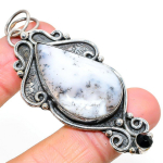 Natural Dendrite Opal,Black Spinel Stone 925 Sterling Silver Pendant 2.84 d6k12