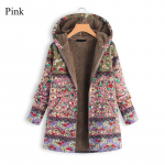 Paksendatud puuvillase polsterdatud mantel s&uuml;gis- ja talvine pika tr&uuml;kiga suures suuruses puuvillase polsterdatud mantel naistele Soe moodne kapuutsiga t&otilde;mblukuga mantel 5XL roosa